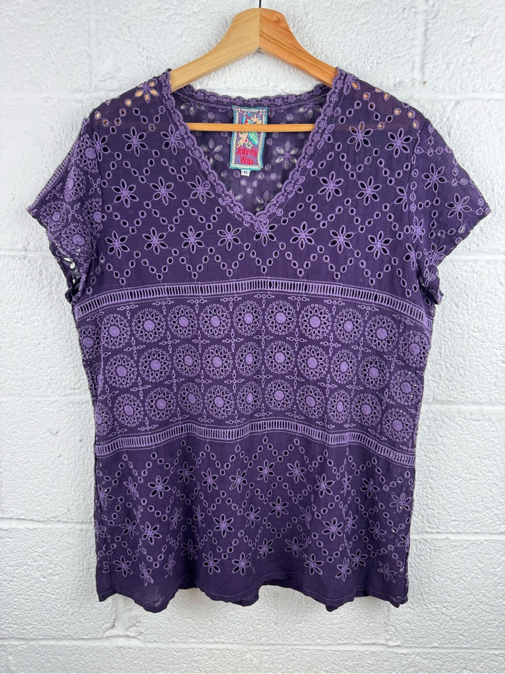 Johnny Was Purple Eyelet Embroidered Blouse Top Size M